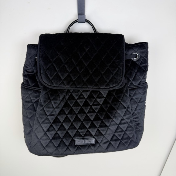 Vera Bradley Handbags - Vera Bradley Black Quilted Velvet Drawstring Backpack Floral Lining NWOT